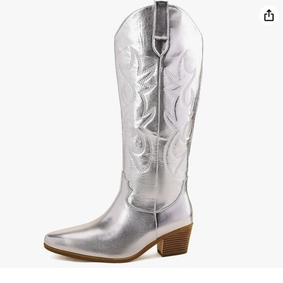 Silver Metallic Cowboy Chunky Heeled Western Embroidery Cowgirl Boots Size 7 - Picture 1 of 7